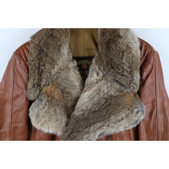Vintage 60s 70s Streetwear Mens 44 Rabbit Fur Trim Leather Trench Coat Jacket - Picture 10 of 16